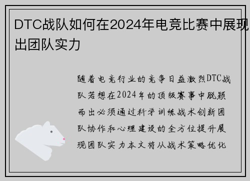 DTC战队如何在2024年电竞比赛中展现出团队实力